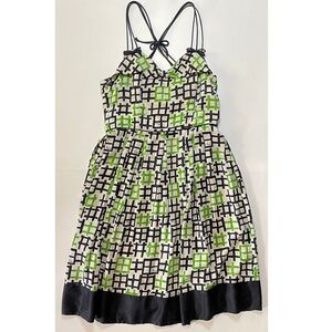 MILLY 100% Silk Green, Black & Cream Strappy Geometric Summer Dress Sz 6